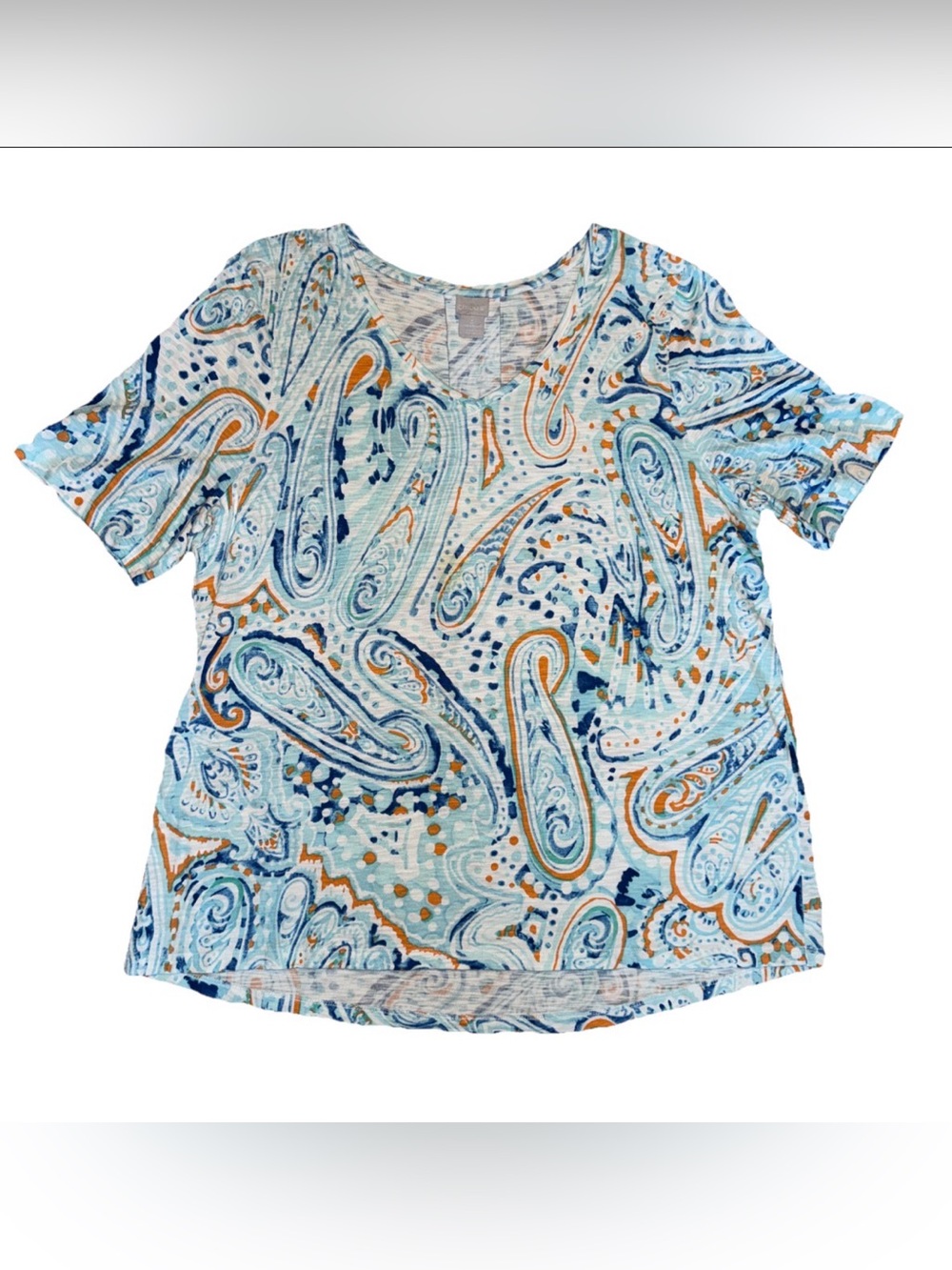 Chico's Blue Paisley Short Sleeve Tee with Orange Accents size 3